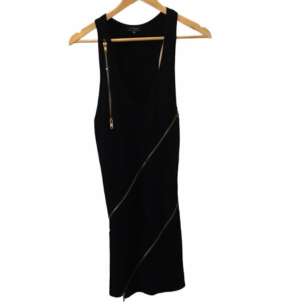 Bandage Stretch Zipper Detail Scoop Neck Knee Length Black Dress XS